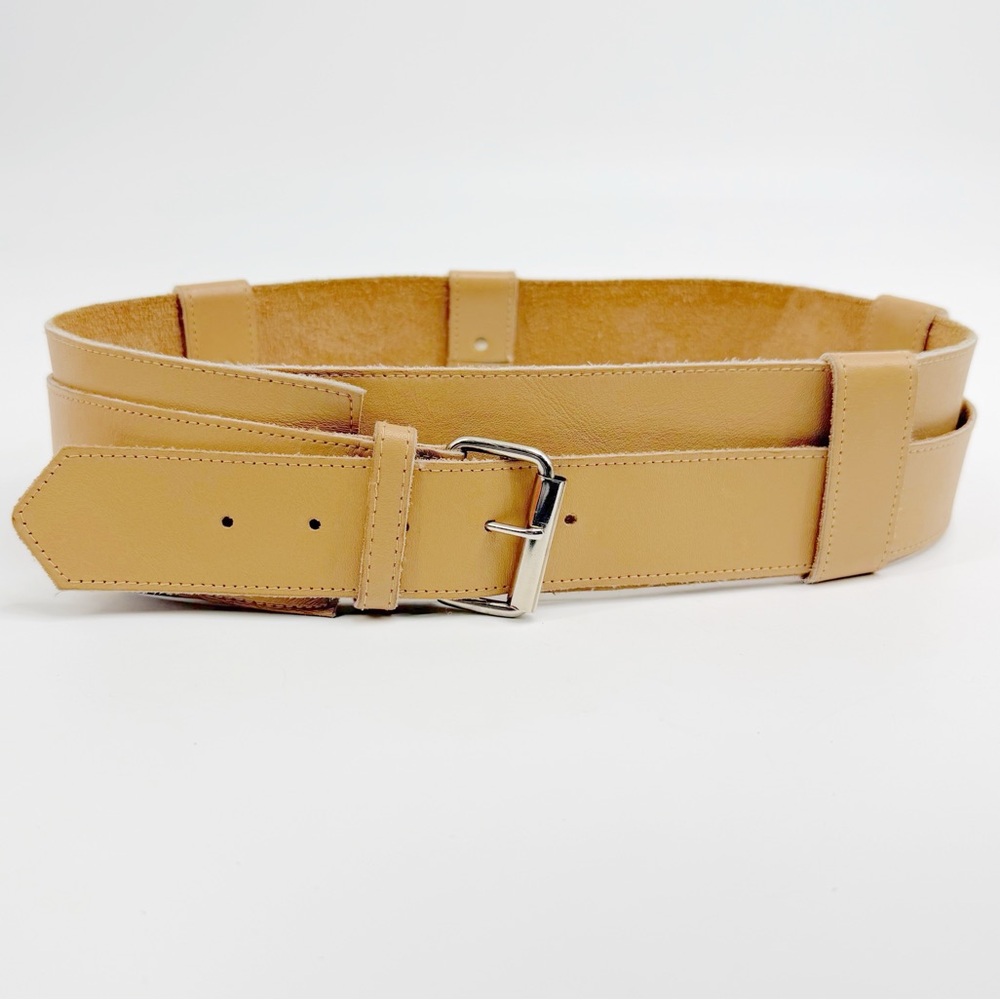 Tan Leather Crossover Asymmetrical Belt with Silver Buckle, Size Small